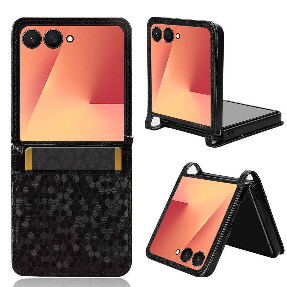 For Samsung Galaxy Z Flip7 5G Case with Card Slot Dot Pattern Imprint PC + PU Leather Phone Cover - Black