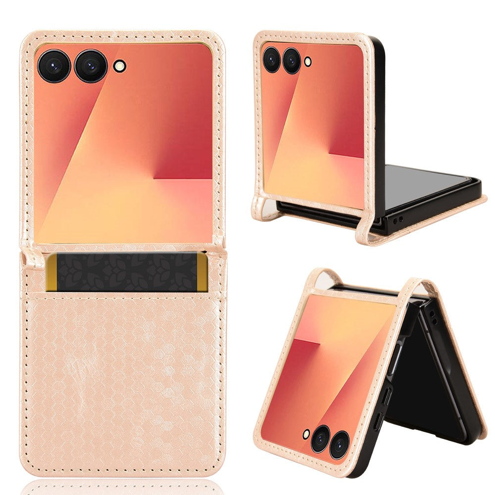 For Samsung Galaxy Z Flip7 5G Case with Card Slot Dot Pattern Imprint PC + PU Leather Phone Cover - Rose Gold