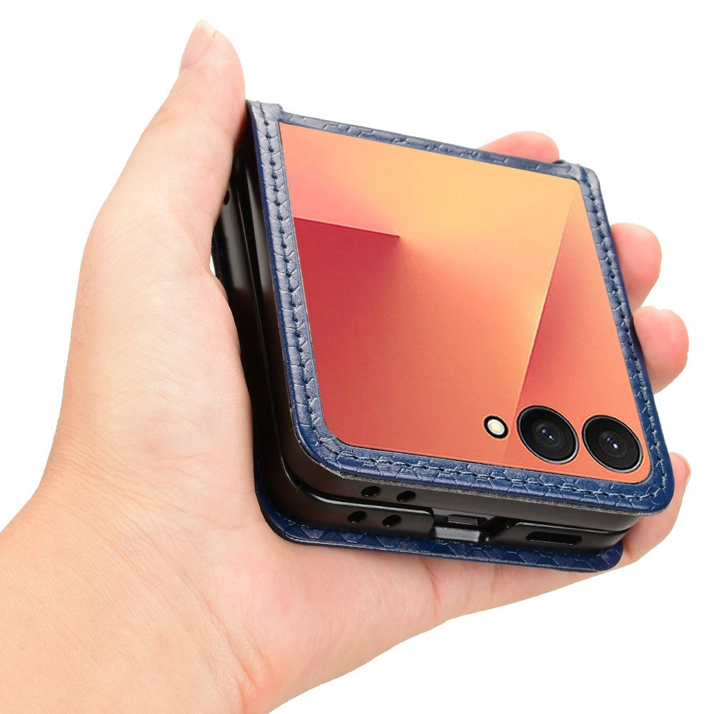 For Samsung Galaxy Z Flip7 5G Case with Card Slot Dot Pattern Imprint PC + PU Leather Phone Cover - Dark Blue