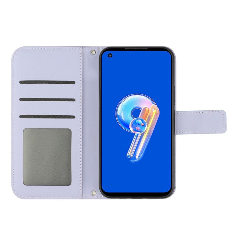 For Asus Zenfone 9 5G HT04 Sunflower Imprinted Phone Case Skin-touch Anti-scratch PU Leather Wallet Stand Cover with Shoulder Strap - Light Purple