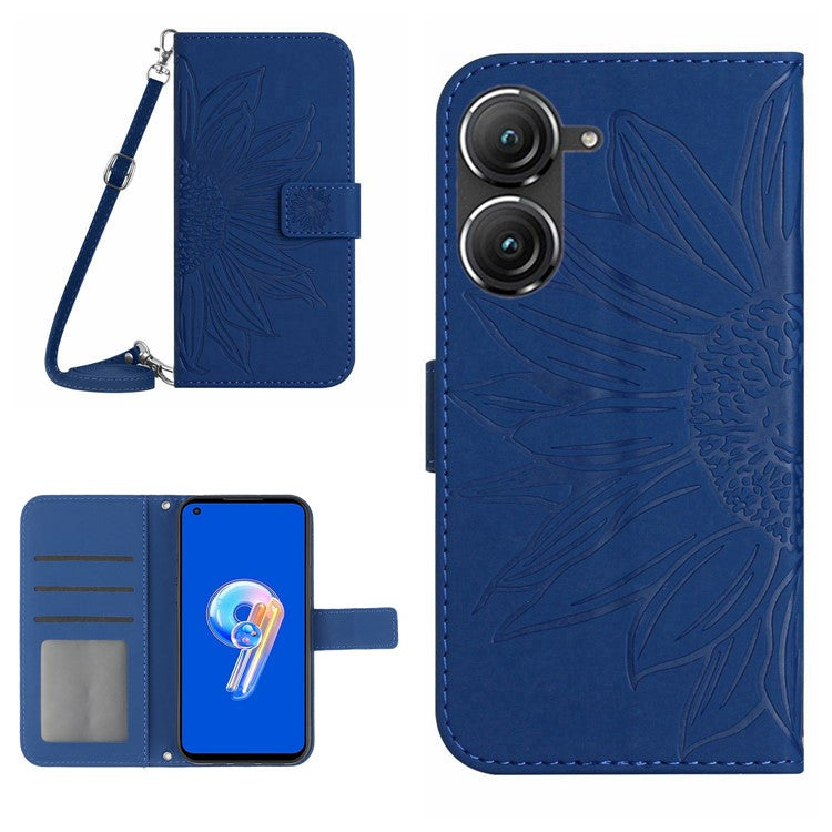 For Asus Zenfone 9 5G HT04 Sunflower Imprinted Phone Case Skin-touch Anti-scratch PU Leather Wallet Stand Cover with Shoulder Strap - Sapphire