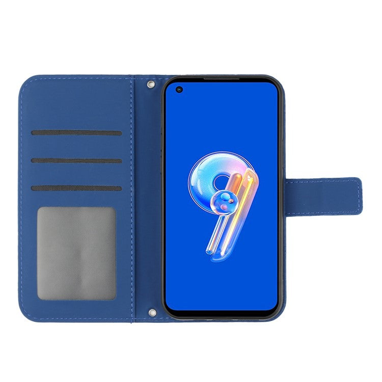 For Asus Zenfone 9 5G HT04 Sunflower Imprinted Phone Case Skin-touch Anti-scratch PU Leather Wallet Stand Cover with Shoulder Strap - Sapphire