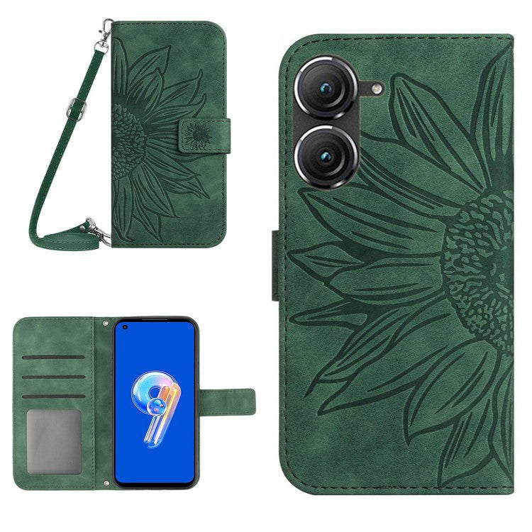 For Asus Zenfone 9 5G HT04 Sunflower Imprinted Phone Case Skin-touch Anti-scratch PU Leather Wallet Stand Cover with Shoulder Strap - Dark Green