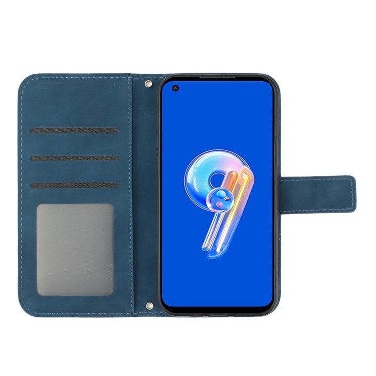 For Asus Zenfone 9 5G HT04 Sunflower Imprinted Phone Case Skin-touch Anti-scratch PU Leather Wallet Stand Cover with Shoulder Strap - Dark Blue