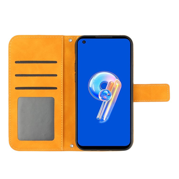 For Asus Zenfone 9 5G HT04 Sunflower Imprinted Phone Case Skin-touch Anti-scratch PU Leather Wallet Stand Cover with Shoulder Strap - Yellow