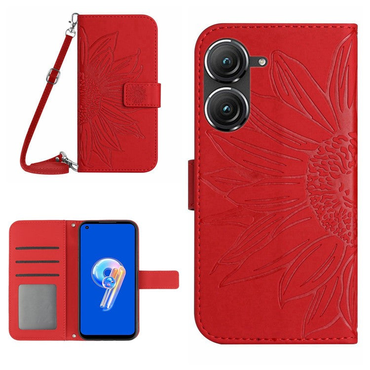 For Asus Zenfone 9 5G HT04 Sunflower Imprinted Phone Case Skin-touch Anti-scratch PU Leather Wallet Stand Cover with Shoulder Strap - Red