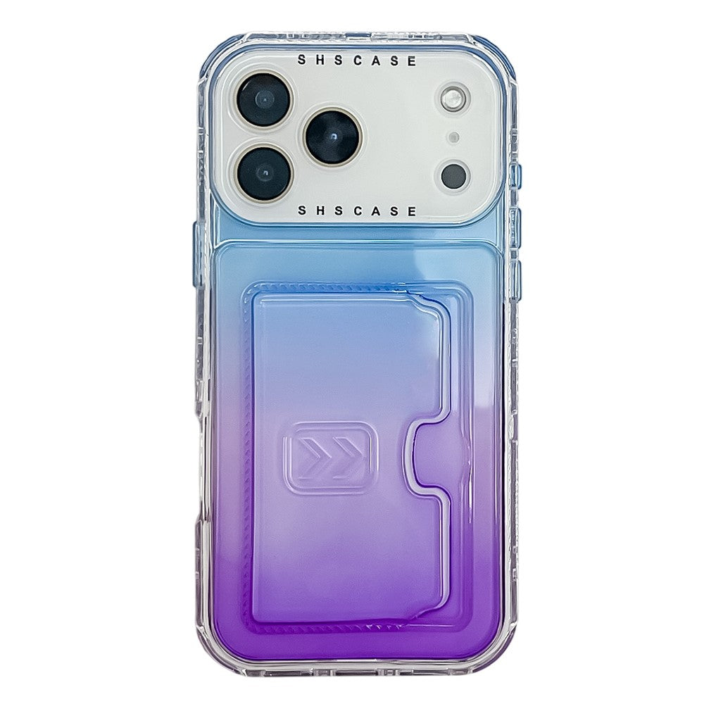 For iPhone 17 Pro Max Case Card Holder Gradient Color PC + TPU Anti Drop Phone Back Cover with Lens Film - Blue / Purple