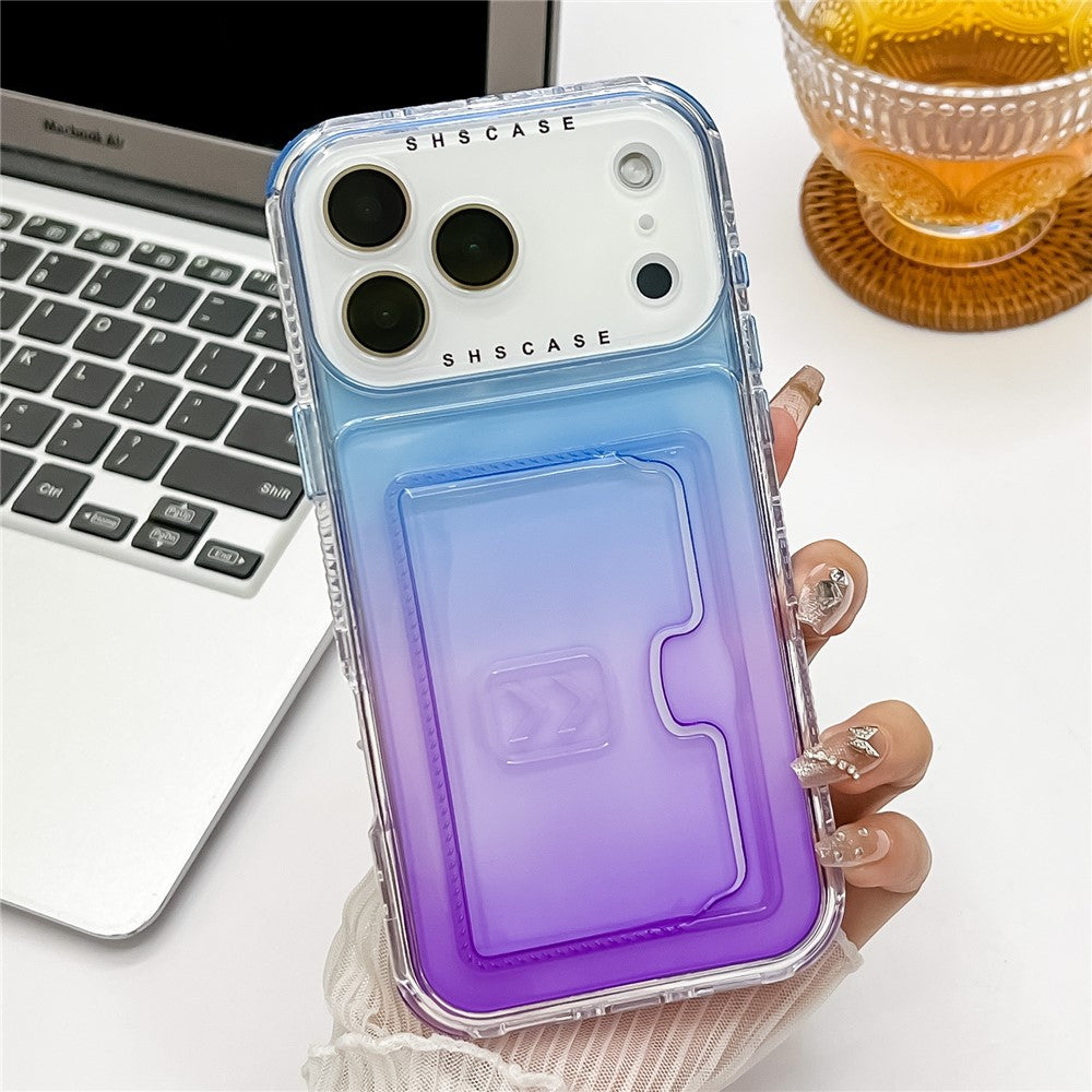 For iPhone 17 Pro Max Case Card Holder Gradient Color PC + TPU Anti Drop Phone Back Cover with Lens Film - Blue / Purple