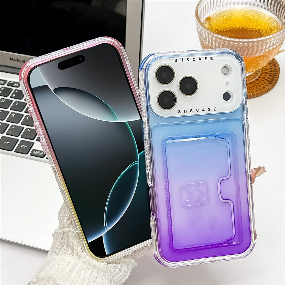 For iPhone 17 Pro Max Case Card Holder Gradient Color PC + TPU Anti Drop Phone Back Cover with Lens Film - Blue / Purple