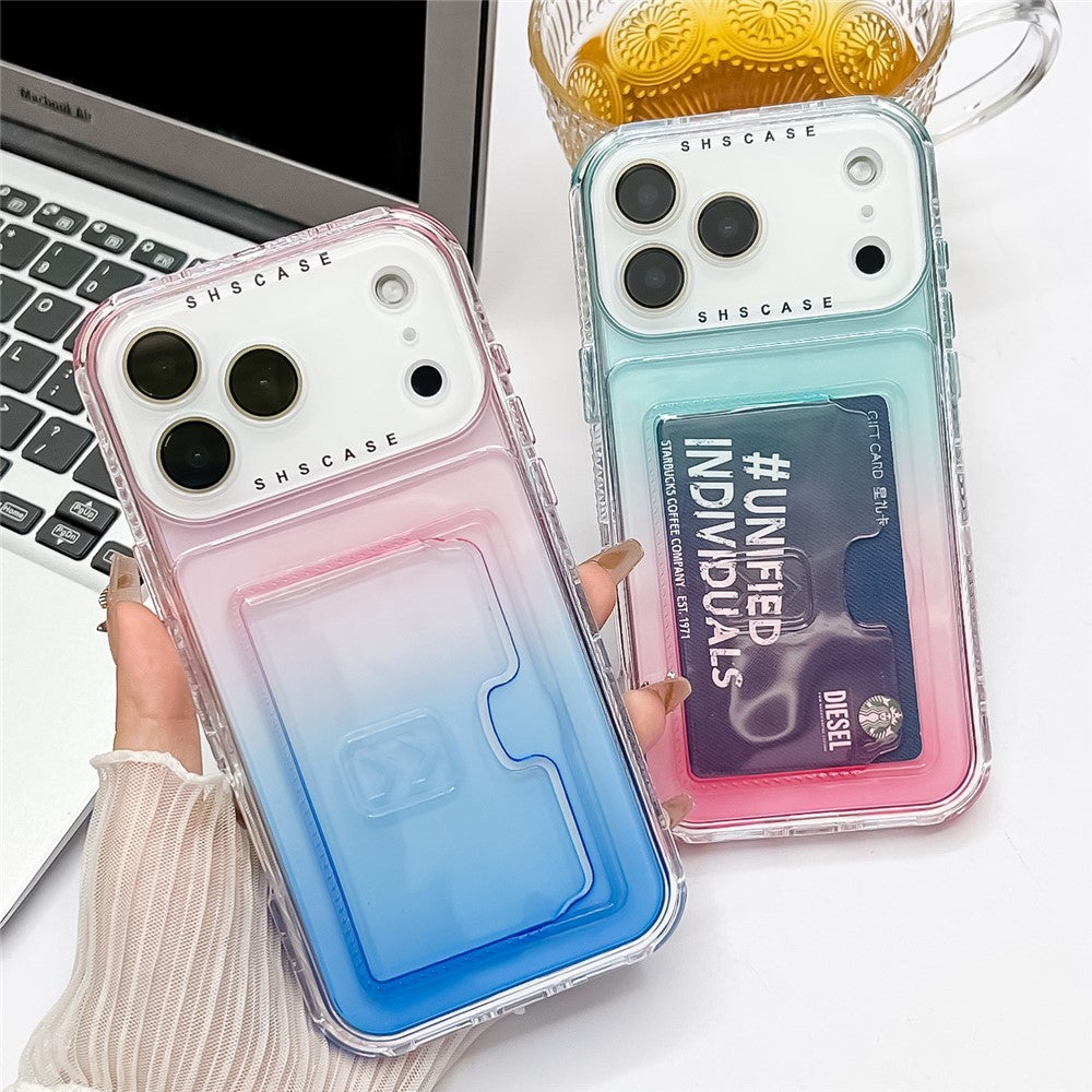 For iPhone 17 Pro Max Case Card Holder Gradient Color PC + TPU Anti Drop Phone Back Cover with Lens Film - Sky Blue / Pink