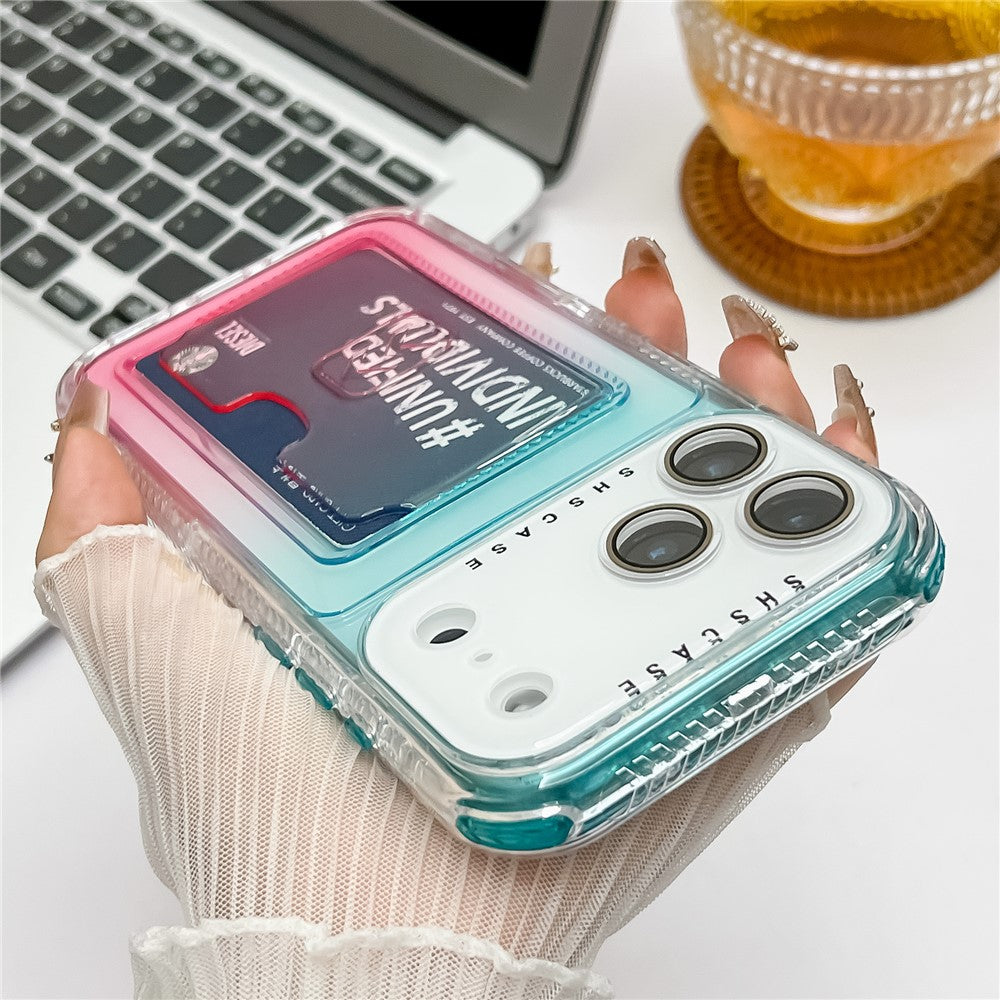 For iPhone 17 Pro Max Case Card Holder Gradient Color PC + TPU Anti Drop Phone Back Cover with Lens Film - Pink / Blue