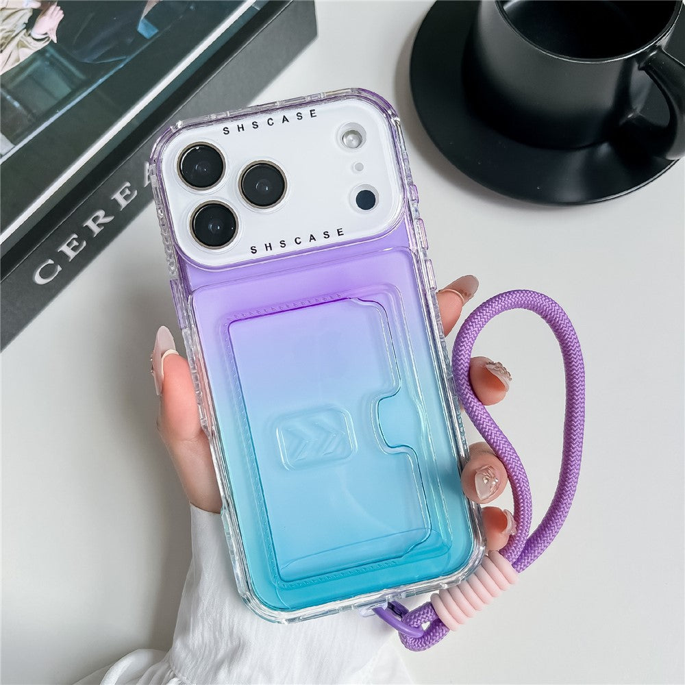 For iPhone 17 Pro Max Case Card Holder Gradient Color PC + TPU Phone Back Cover with Lens Film / Wrist Strap - Purple / Sky Blue