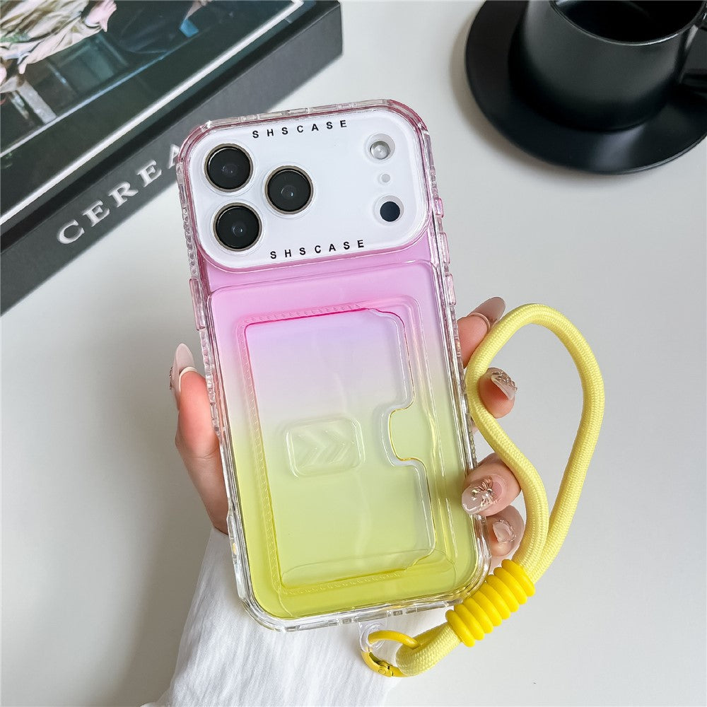 For iPhone 17 Pro Max Case Card Holder Gradient Color PC + TPU Phone Back Cover with Lens Film / Wrist Strap - Pink / Yellow