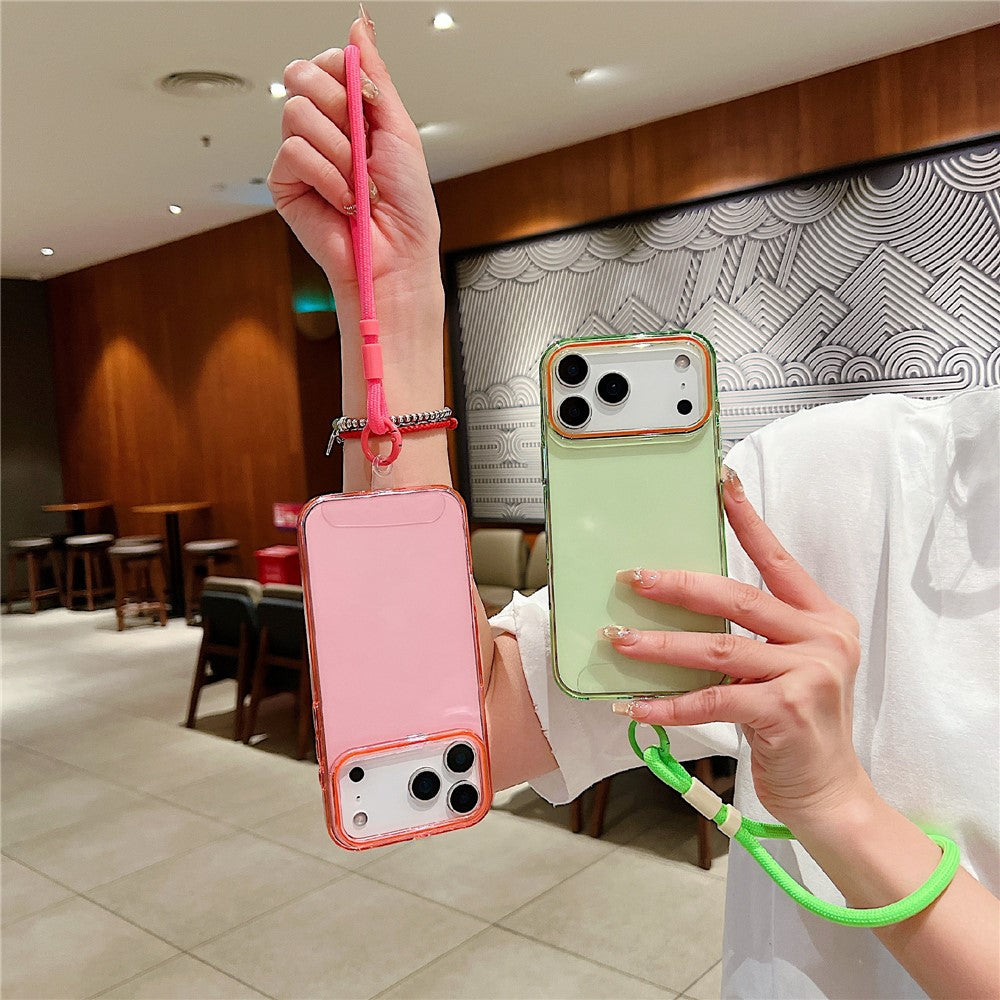 For iPhone 17 Pro Max Case with Wrist Strap / Orange Camera Edge TPU + PC Shockproof Phone Back Cover - Transparent Pink