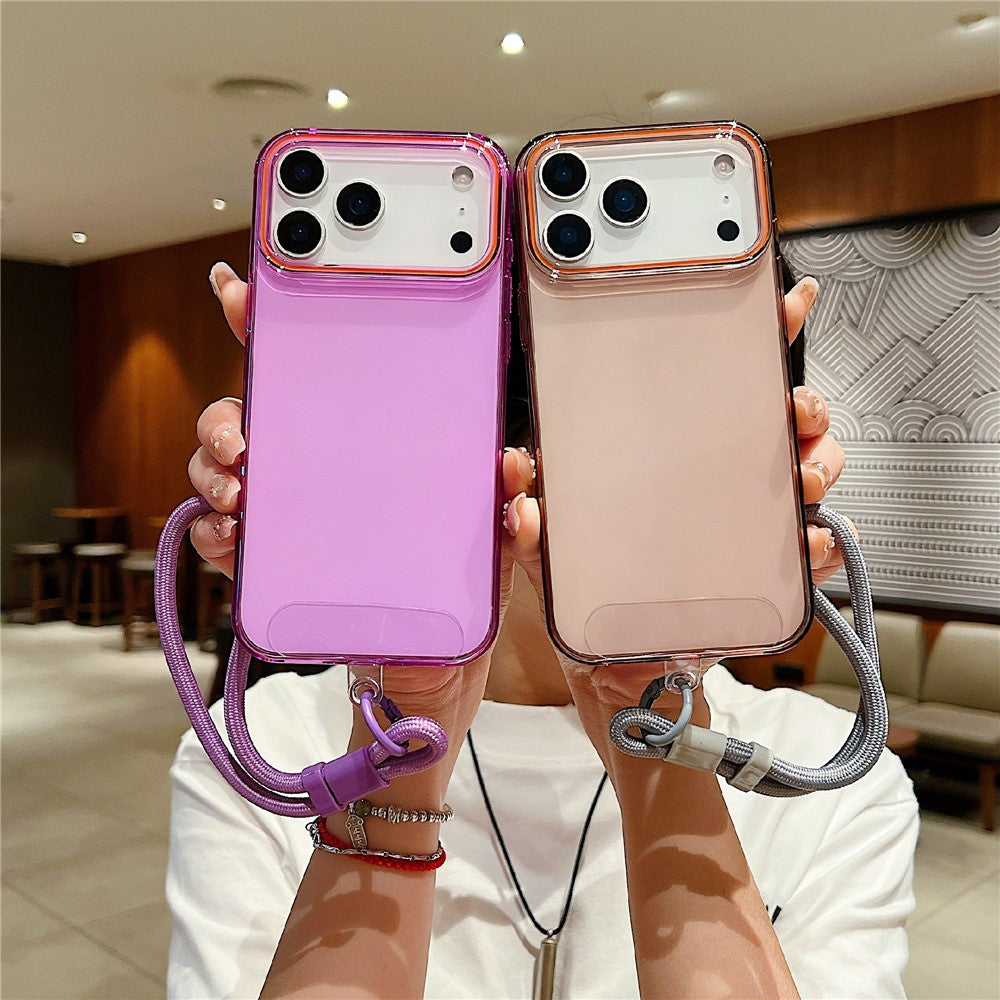 For iPhone 17 Pro Max Case with Wrist Strap / Orange Camera Edge TPU + PC Shockproof Phone Back Cover - Transparent Pink