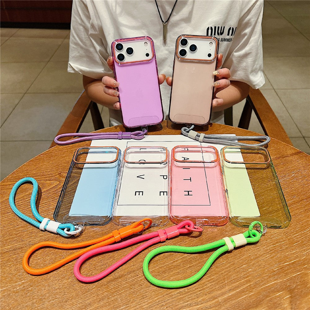 For iPhone 17 Pro Max Case with Wrist Strap / Orange Camera Edge TPU + PC Shockproof Phone Back Cover - Transparent Pink
