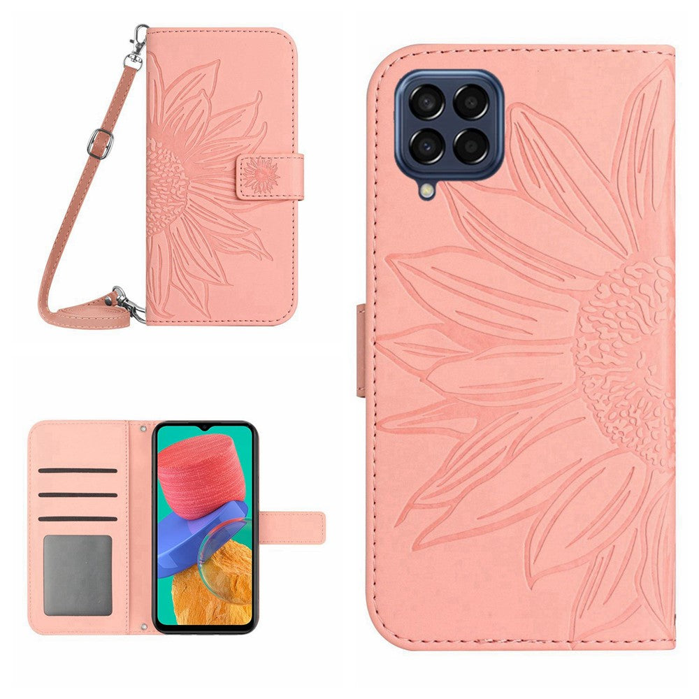 For Samsung Galaxy M33 5G (Global Version) HT04 Skin-touch Imprinted Sunflower Phone Cover with Shoulder Strap PU Leather Protective Case Stand Wallet - Light Pink