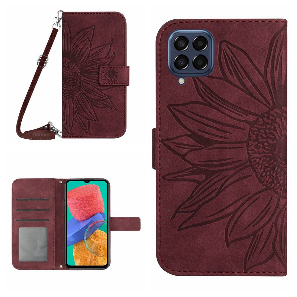 For Samsung Galaxy M33 5G (Global Version) HT04 Skin-touch Imprinted Sunflower Phone Cover with Shoulder Strap PU Leather Protective Case Stand Wallet - Wine Red