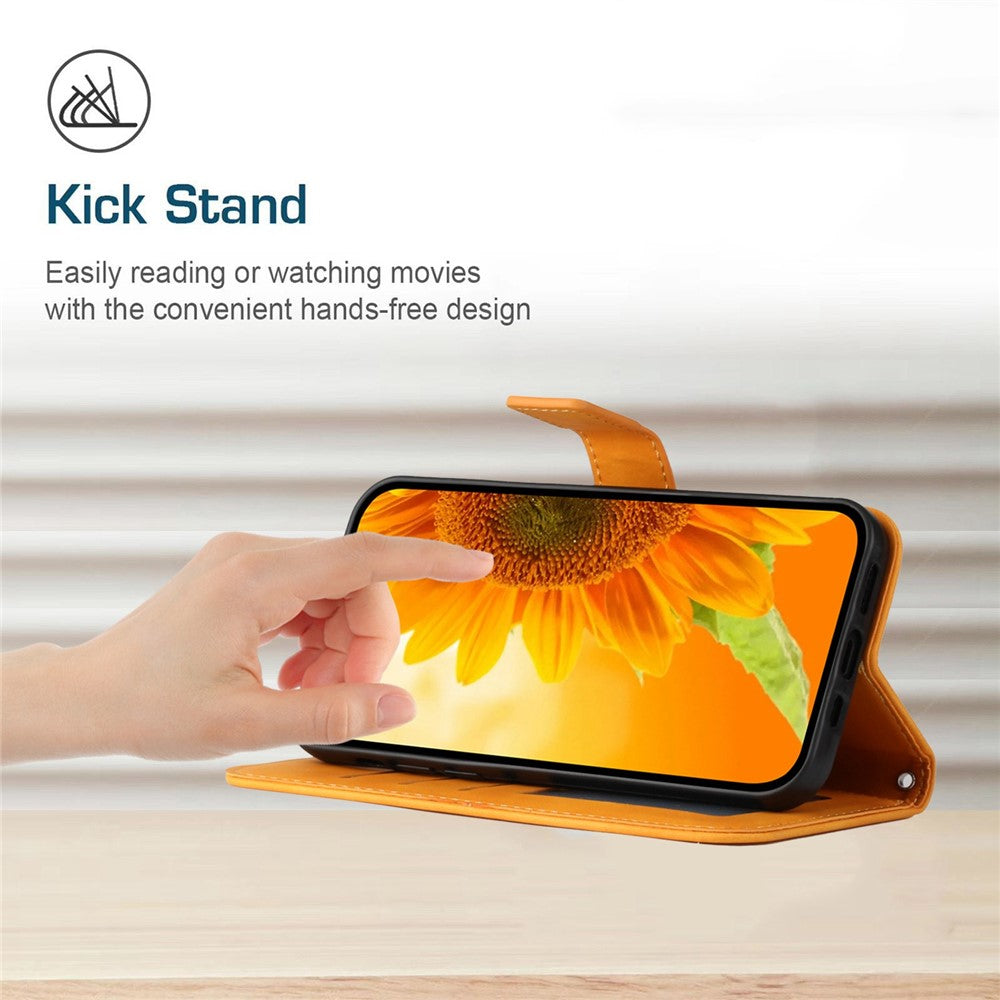 For Samsung Galaxy M33 5G (Global Version) HT04 Skin-touch Imprinted Sunflower Phone Cover with Shoulder Strap PU Leather Protective Case Stand Wallet - Yellow