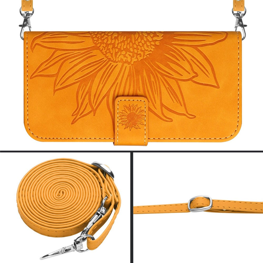 For Samsung Galaxy M33 5G (Global Version) HT04 Skin-touch Imprinted Sunflower Phone Cover with Shoulder Strap PU Leather Protective Case Stand Wallet - Yellow