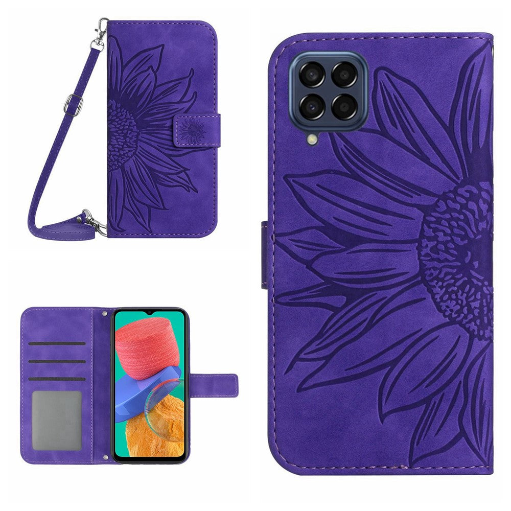 For Samsung Galaxy M33 5G (Global Version) HT04 Skin-touch Imprinted Sunflower Phone Cover with Shoulder Strap PU Leather Protective Case Stand Wallet - Dark Purple