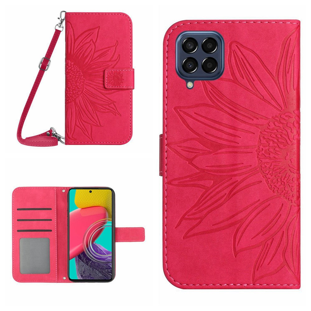 For Samsung Galaxy M53 5G HT04 Sunflower Imprinted Skin-touch PU Leather Case Wallet Stand Magnetic Phone Cover with Shoulder Strap - Rose