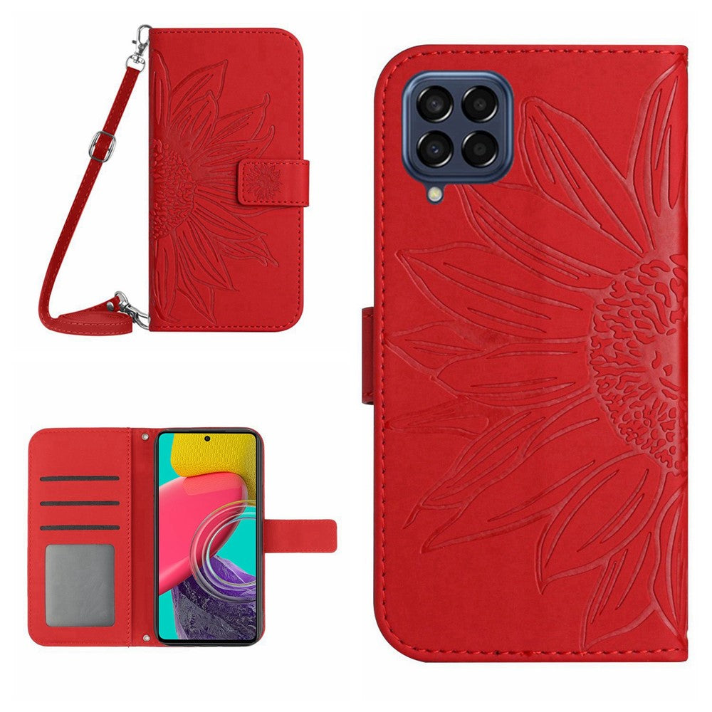 For Samsung Galaxy M53 5G HT04 Sunflower Imprinted Skin-touch PU Leather Case Wallet Stand Magnetic Phone Cover with Shoulder Strap - Red