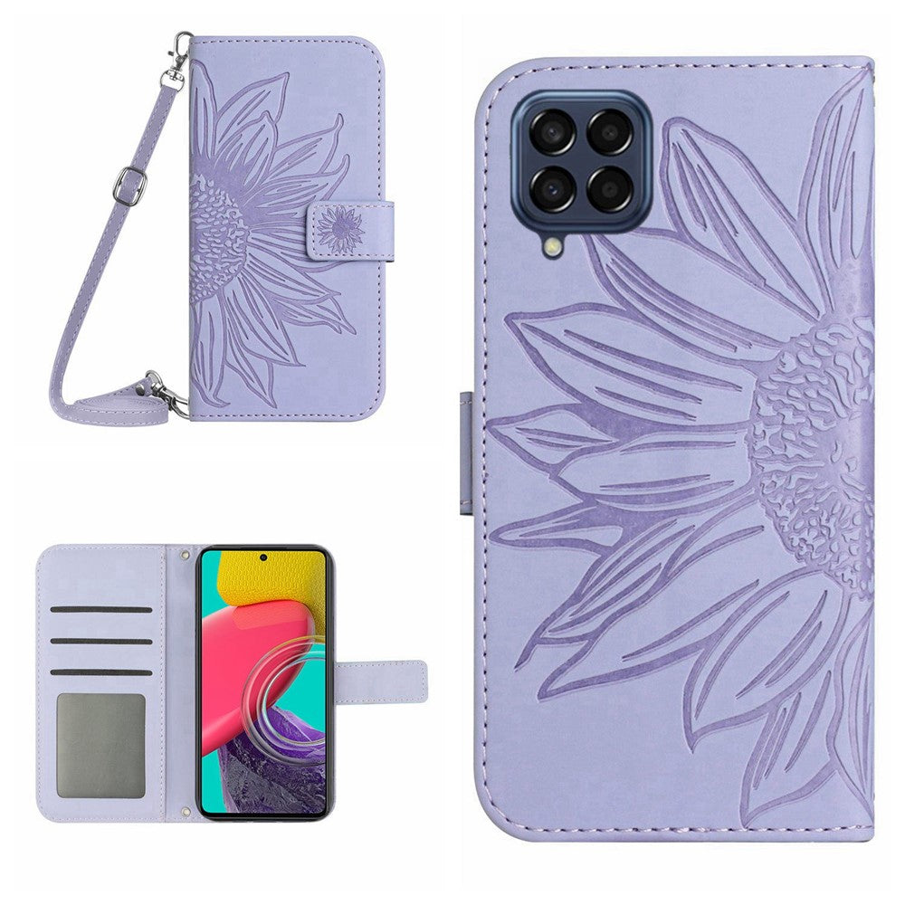 For Samsung Galaxy M53 5G HT04 Sunflower Imprinted Skin-touch PU Leather Case Wallet Stand Magnetic Phone Cover with Shoulder Strap - Light Purple