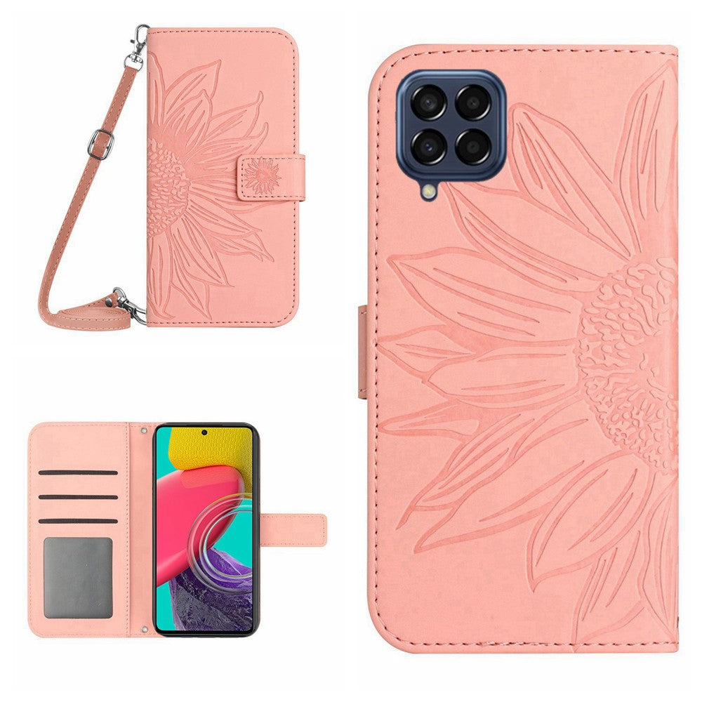 For Samsung Galaxy M53 5G HT04 Sunflower Imprinted Skin-touch PU Leather Case Wallet Stand Magnetic Phone Cover with Shoulder Strap - Light Pink