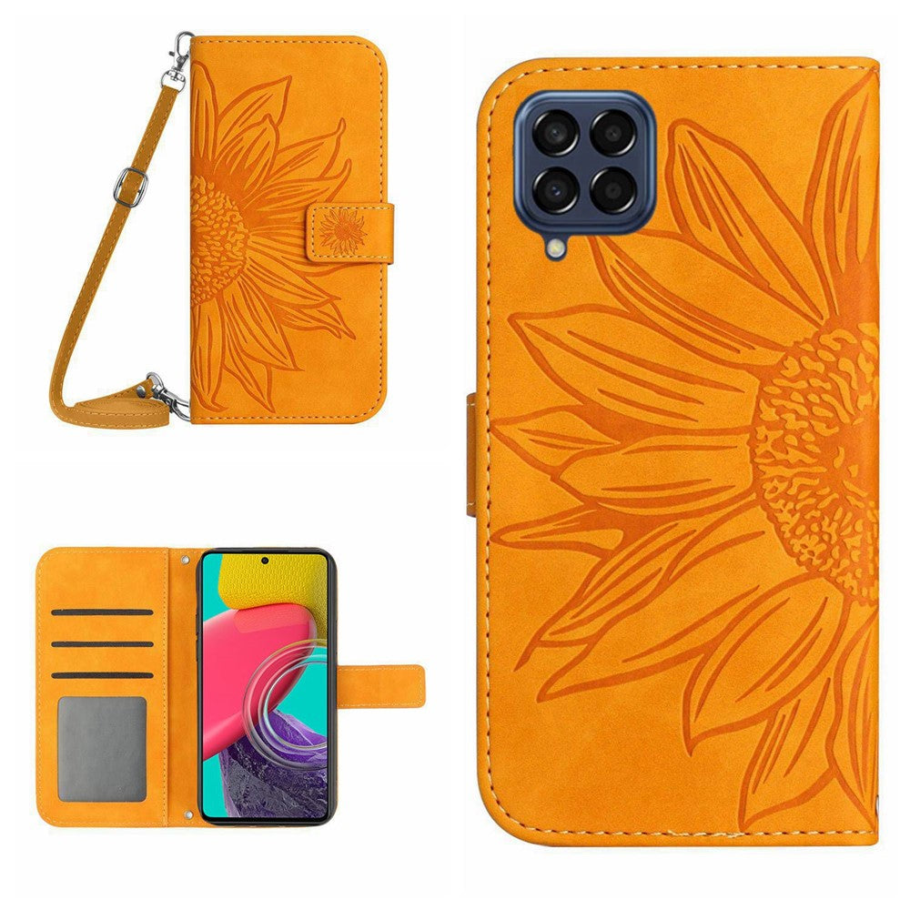 For Samsung Galaxy M53 5G HT04 Sunflower Imprinted Skin-touch PU Leather Case Wallet Stand Magnetic Phone Cover with Shoulder Strap - Yellow