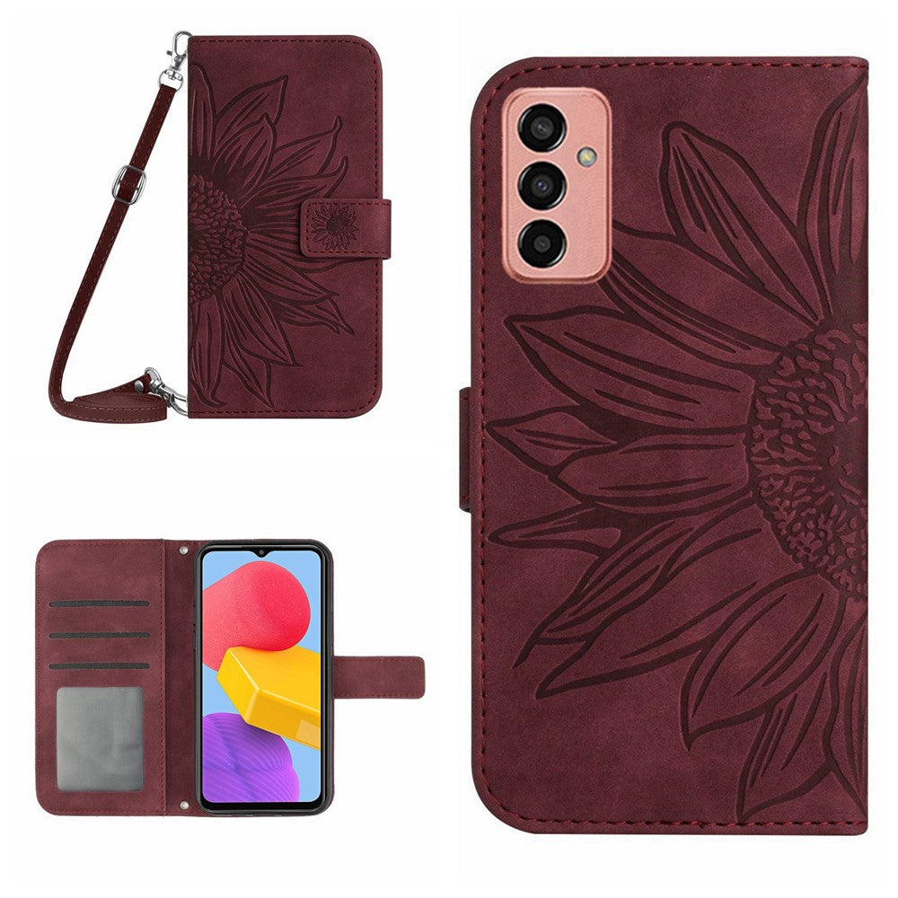 Magnetic Clasp Phone Case For Samsung Galaxy M13 4G, HT04 Skin-friendly Imprinted Sunflower PU Leather Wallet Stand Protective Cover with Shoulder Strap - Wine Red