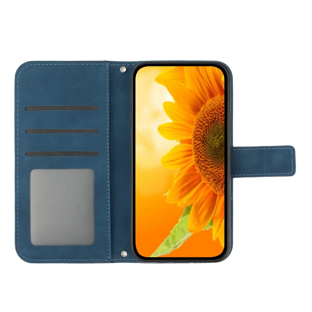 Magnetic Clasp Phone Case For Samsung Galaxy M13 4G, HT04 Skin-friendly Imprinted Sunflower PU Leather Wallet Stand Protective Cover with Shoulder Strap - Dark Blue