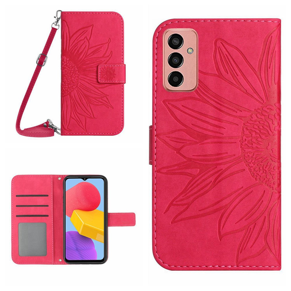 Magnetic Clasp Phone Case For Samsung Galaxy M13 4G, HT04 Skin-friendly Imprinted Sunflower PU Leather Wallet Stand Protective Cover with Shoulder Strap - Rose