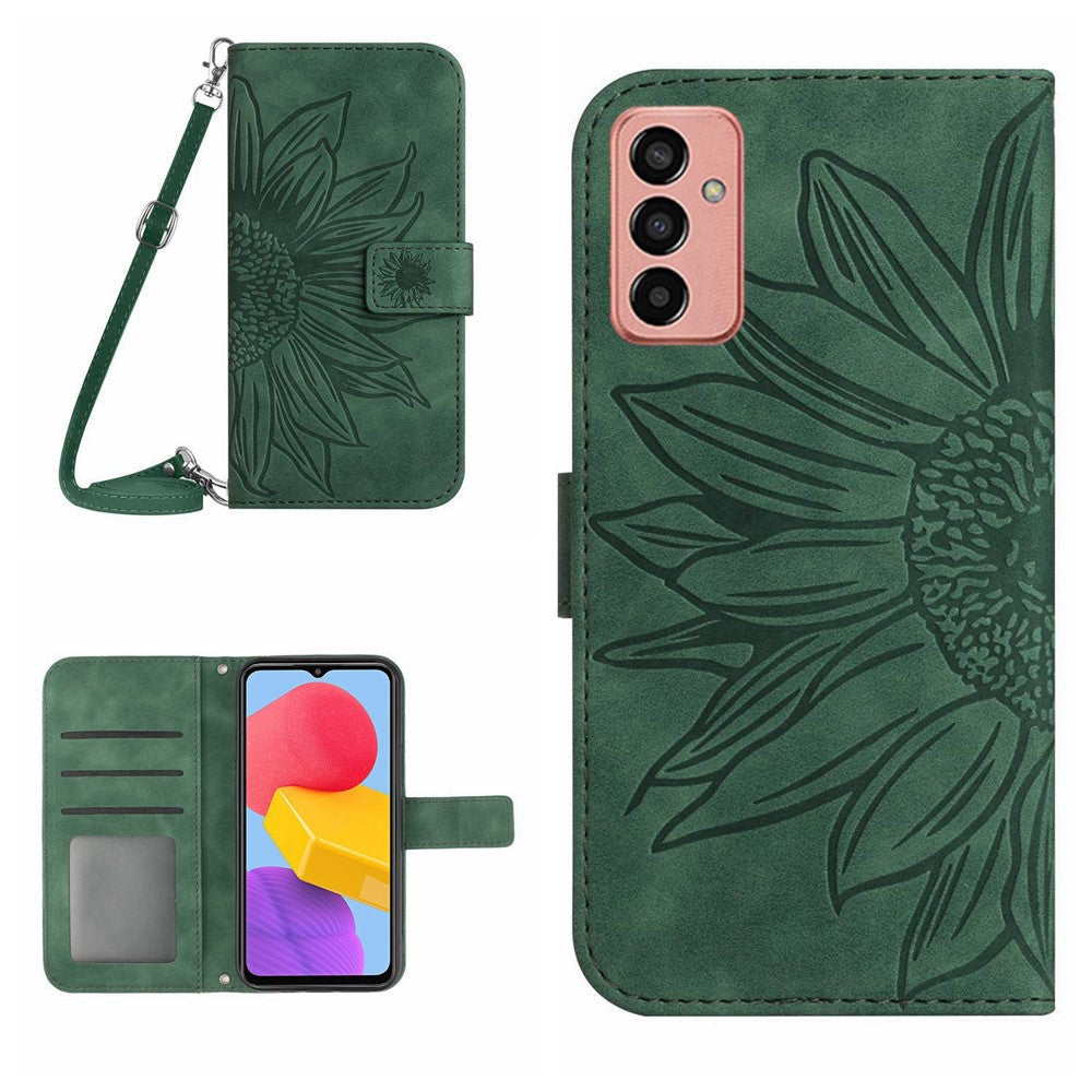 Magnetic Clasp Phone Case For Samsung Galaxy M13 4G, HT04 Skin-friendly Imprinted Sunflower PU Leather Wallet Stand Protective Cover with Shoulder Strap - Dark Green