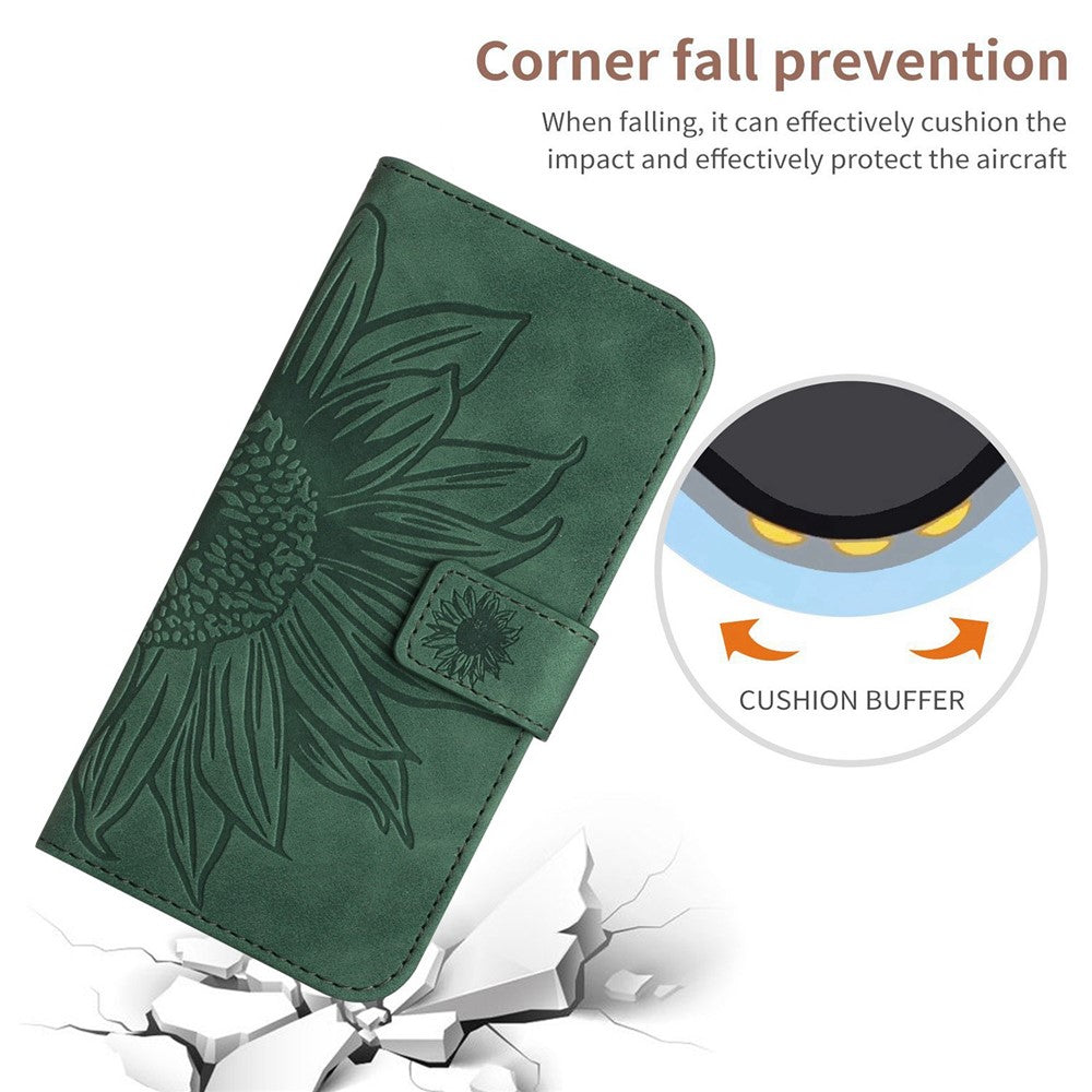 Magnetic Clasp Phone Case For Samsung Galaxy M13 4G, HT04 Skin-friendly Imprinted Sunflower PU Leather Wallet Stand Protective Cover with Shoulder Strap - Dark Green