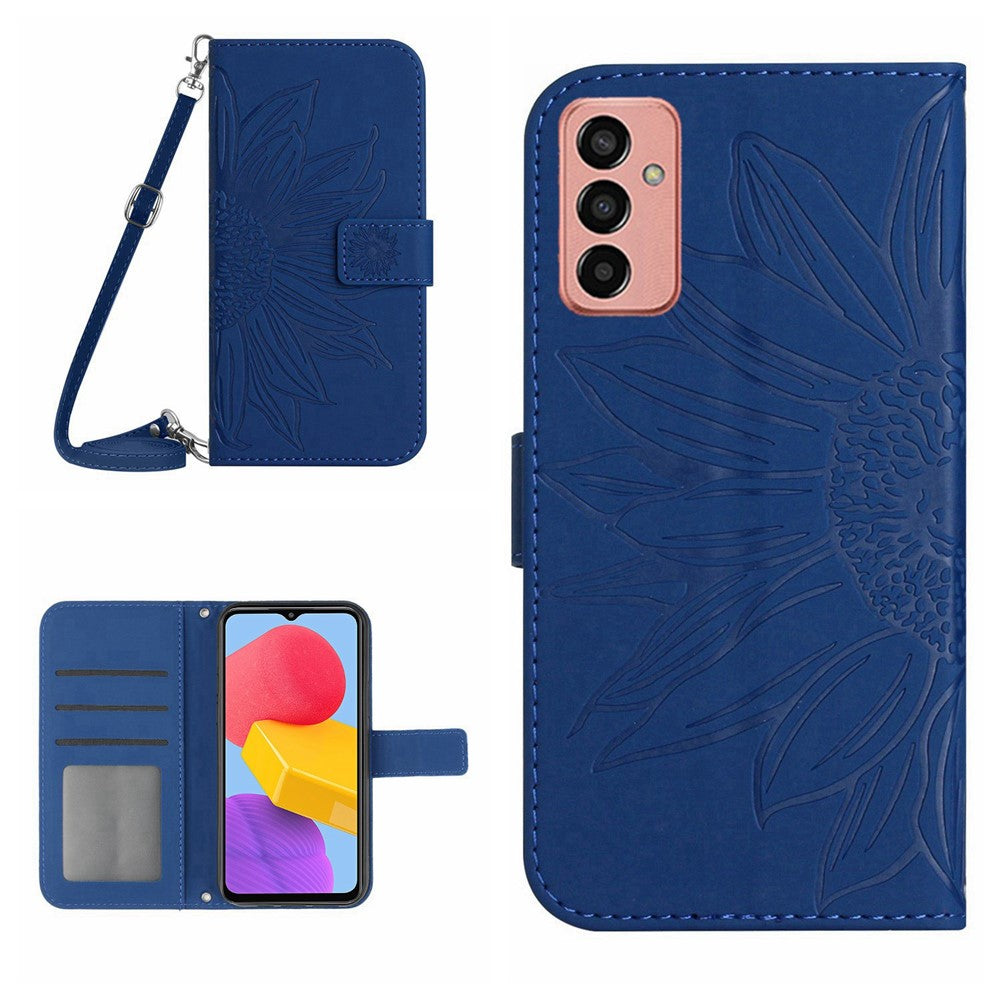 Magnetic Clasp Phone Case For Samsung Galaxy M13 4G, HT04 Skin-friendly Imprinted Sunflower PU Leather Wallet Stand Protective Cover with Shoulder Strap - Sapphire