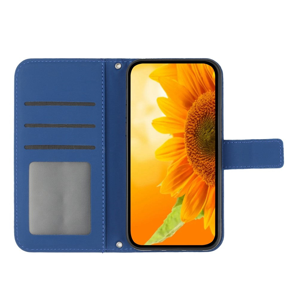Magnetic Clasp Phone Case For Samsung Galaxy M13 4G, HT04 Skin-friendly Imprinted Sunflower PU Leather Wallet Stand Protective Cover with Shoulder Strap - Sapphire