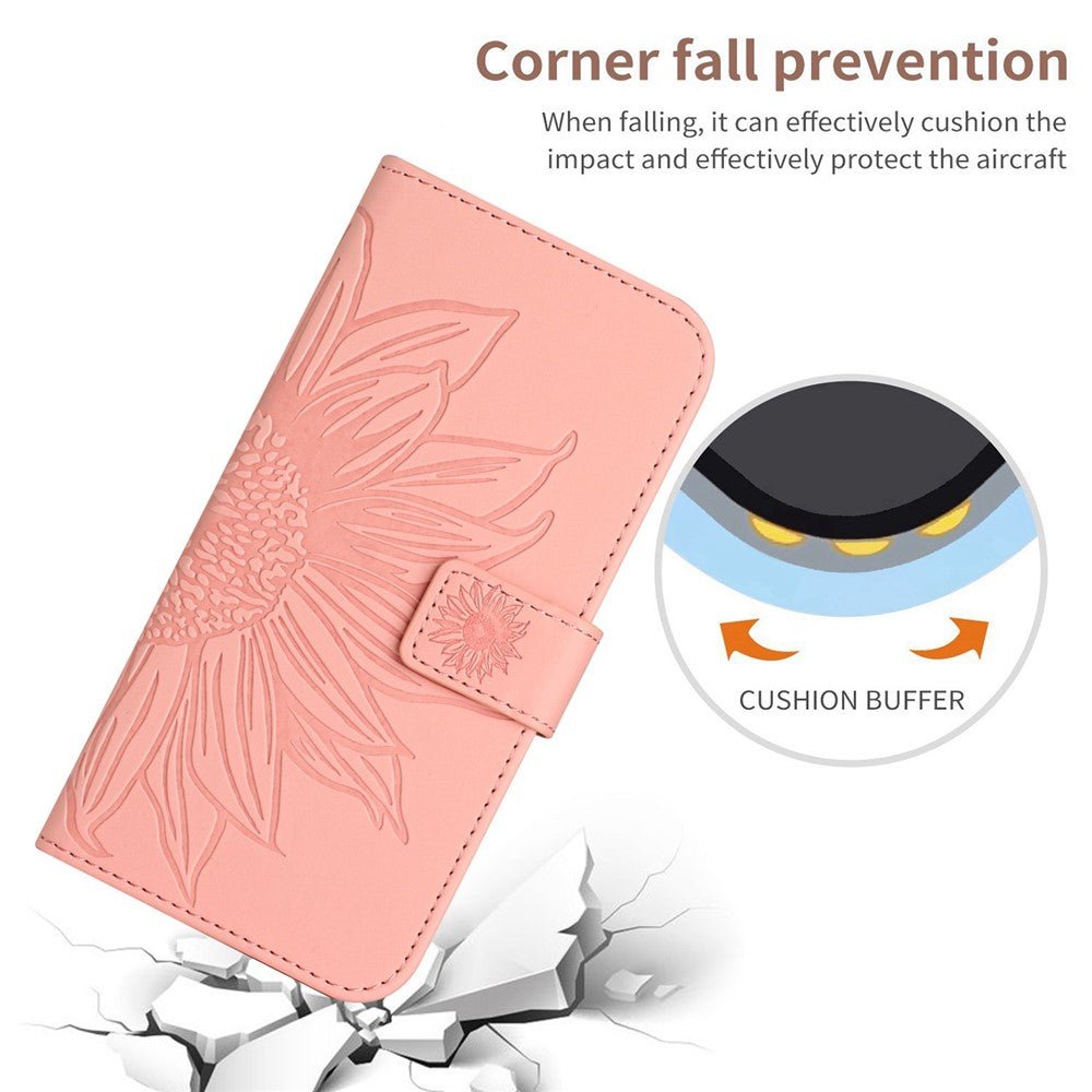 Magnetic Clasp Phone Case For Samsung Galaxy M13 4G, HT04 Skin-friendly Imprinted Sunflower PU Leather Wallet Stand Protective Cover with Shoulder Strap - Light Pink