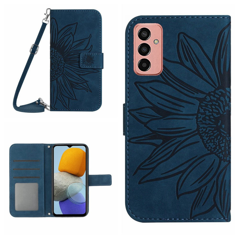 HT04 Imprinted Sunflower Phone Case For Samsung Galaxy M23 5G / F23 5G, PU Leather Wallet Stand Magnetic Clasp Skin-touch Anti-fall Phone Cover with Shoulder Strap - Dark Blue