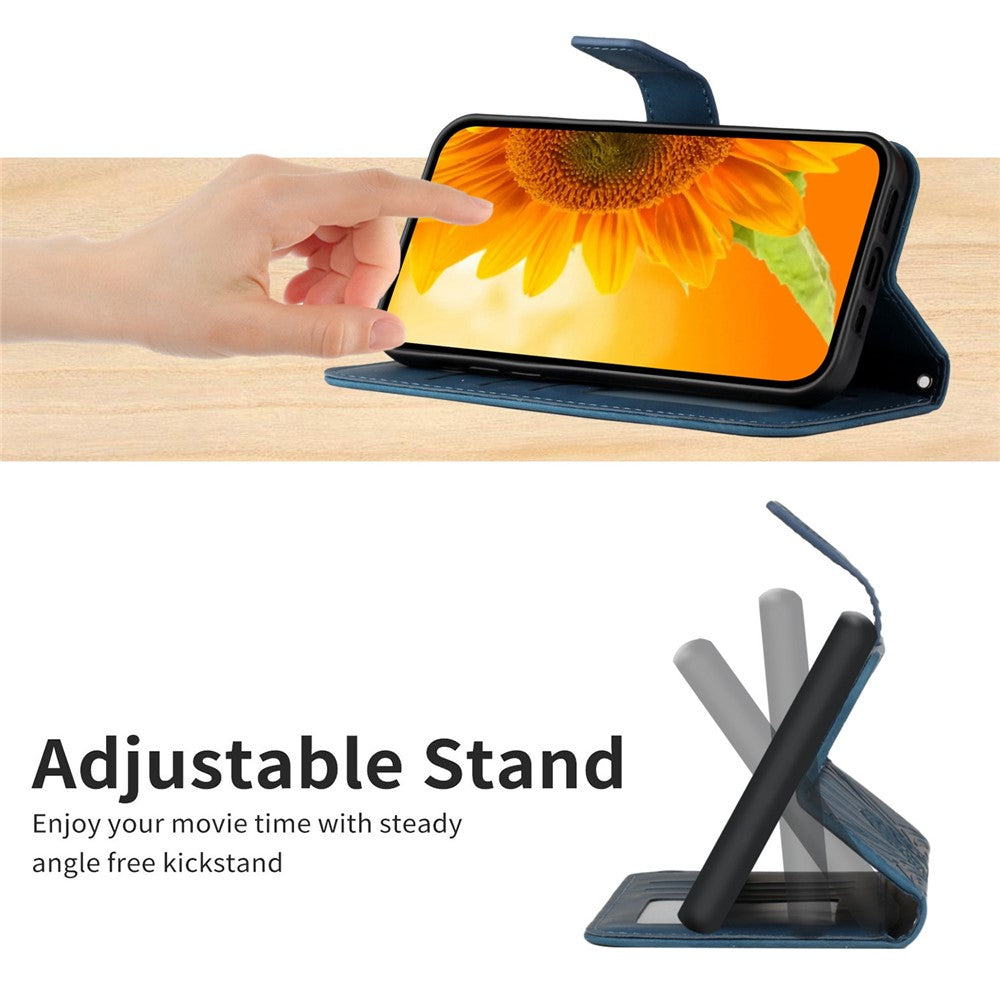 HT04 Imprinted Sunflower Phone Case For Samsung Galaxy M23 5G / F23 5G, PU Leather Wallet Stand Magnetic Clasp Skin-touch Anti-fall Phone Cover with Shoulder Strap - Dark Blue