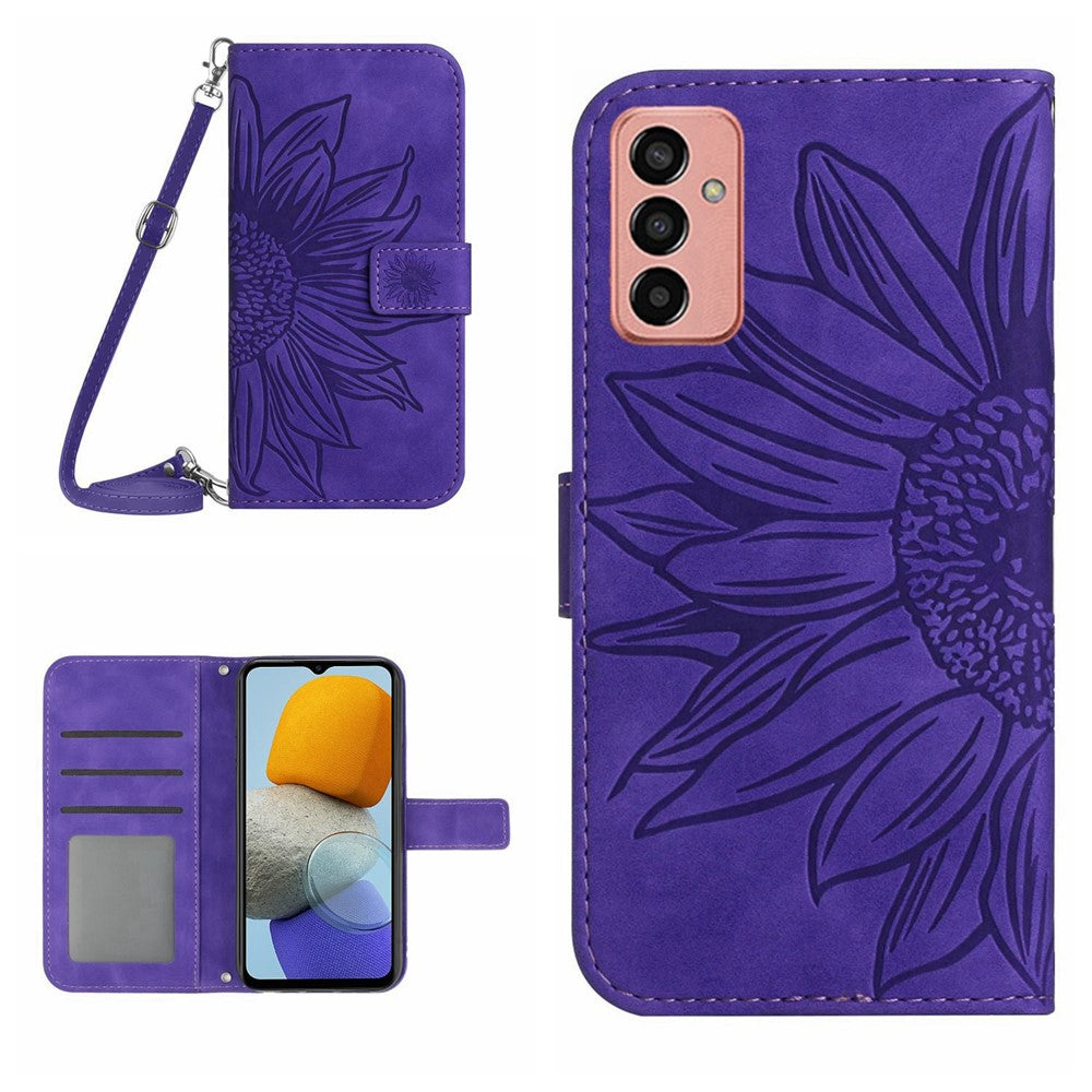HT04 Imprinted Sunflower Phone Case For Samsung Galaxy M23 5G / F23 5G, PU Leather Wallet Stand Magnetic Clasp Skin-touch Anti-fall Phone Cover with Shoulder Strap - Dark Purple