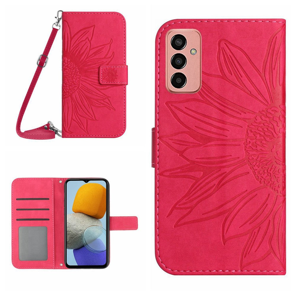 HT04 Imprinted Sunflower Phone Case For Samsung Galaxy M23 5G / F23 5G, PU Leather Wallet Stand Magnetic Clasp Skin-touch Anti-fall Phone Cover with Shoulder Strap - Rose