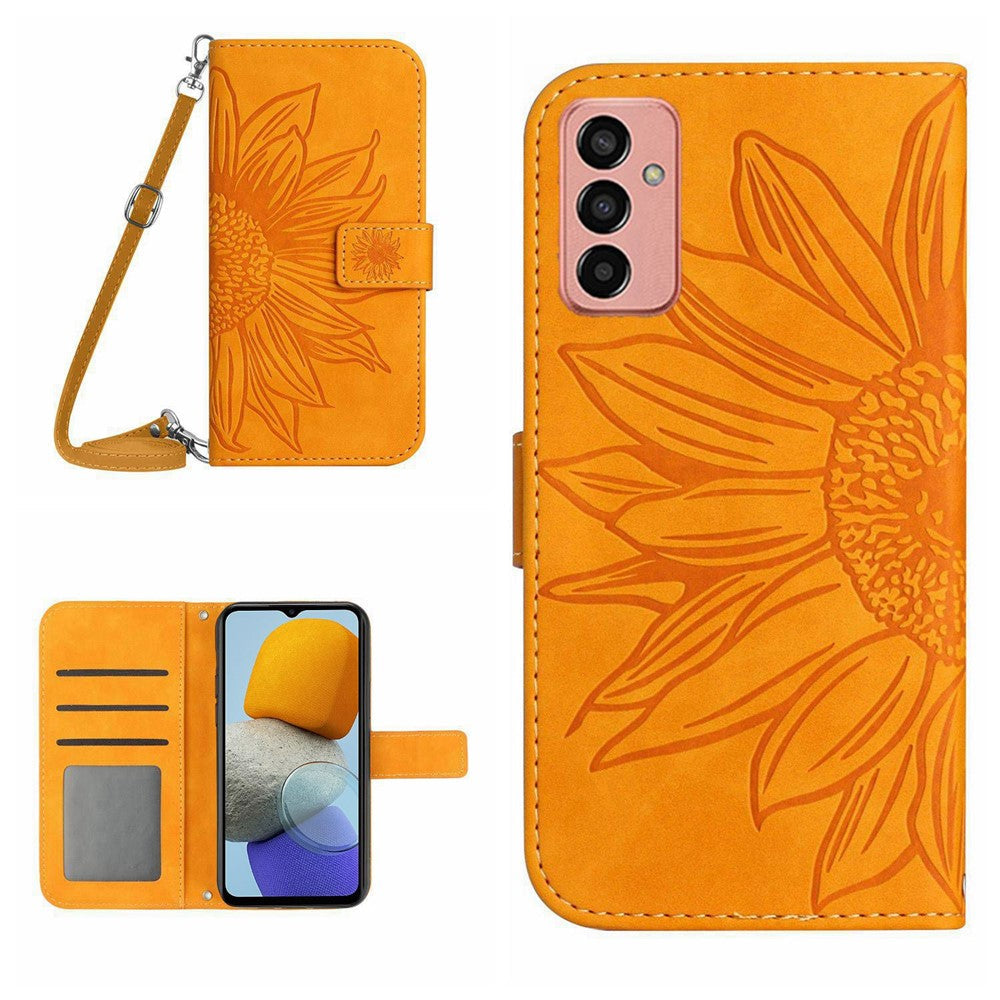HT04 Imprinted Sunflower Phone Case For Samsung Galaxy M23 5G / F23 5G, PU Leather Wallet Stand Magnetic Clasp Skin-touch Anti-fall Phone Cover with Shoulder Strap - Yellow