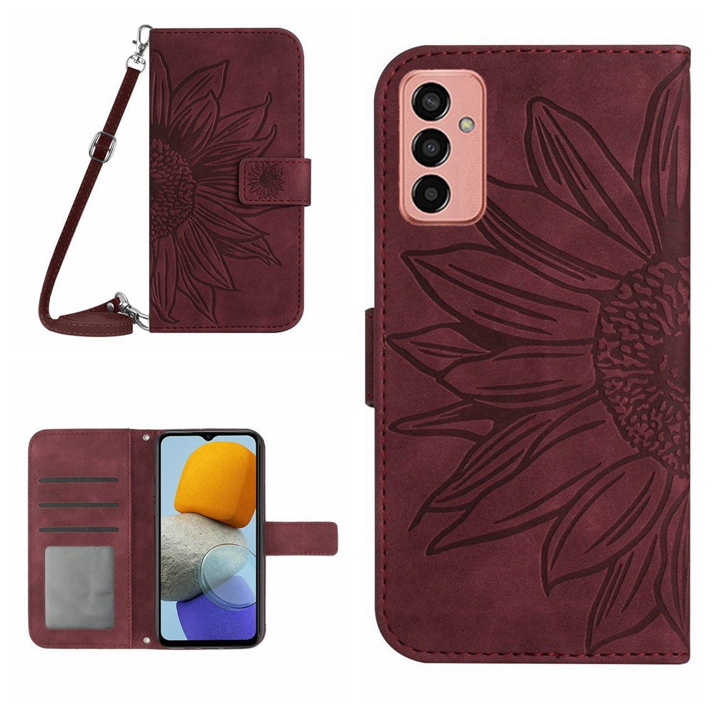 HT04 Imprinted Sunflower Phone Case For Samsung Galaxy M23 5G / F23 5G, PU Leather Wallet Stand Magnetic Clasp Skin-touch Anti-fall Phone Cover with Shoulder Strap - Wine Red