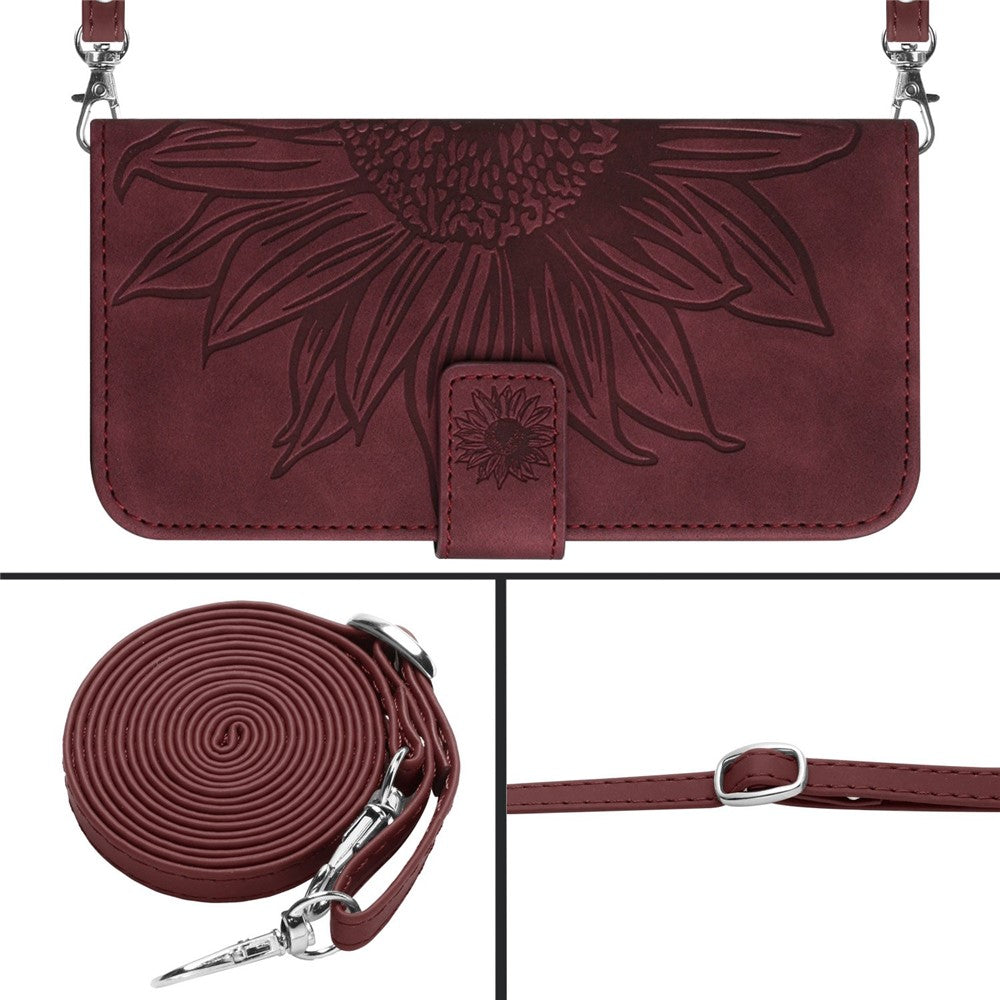 HT04 Imprinted Sunflower Phone Case For Samsung Galaxy M23 5G / F23 5G, PU Leather Wallet Stand Magnetic Clasp Skin-touch Anti-fall Phone Cover with Shoulder Strap - Wine Red
