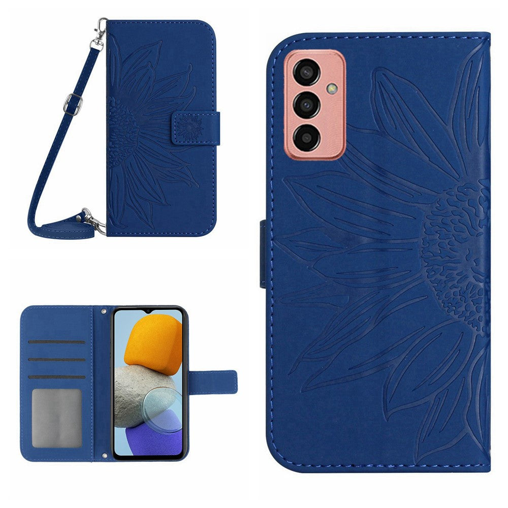 HT04 Imprinted Sunflower Phone Case For Samsung Galaxy M23 5G / F23 5G, PU Leather Wallet Stand Magnetic Clasp Skin-touch Anti-fall Phone Cover with Shoulder Strap - Sapphire