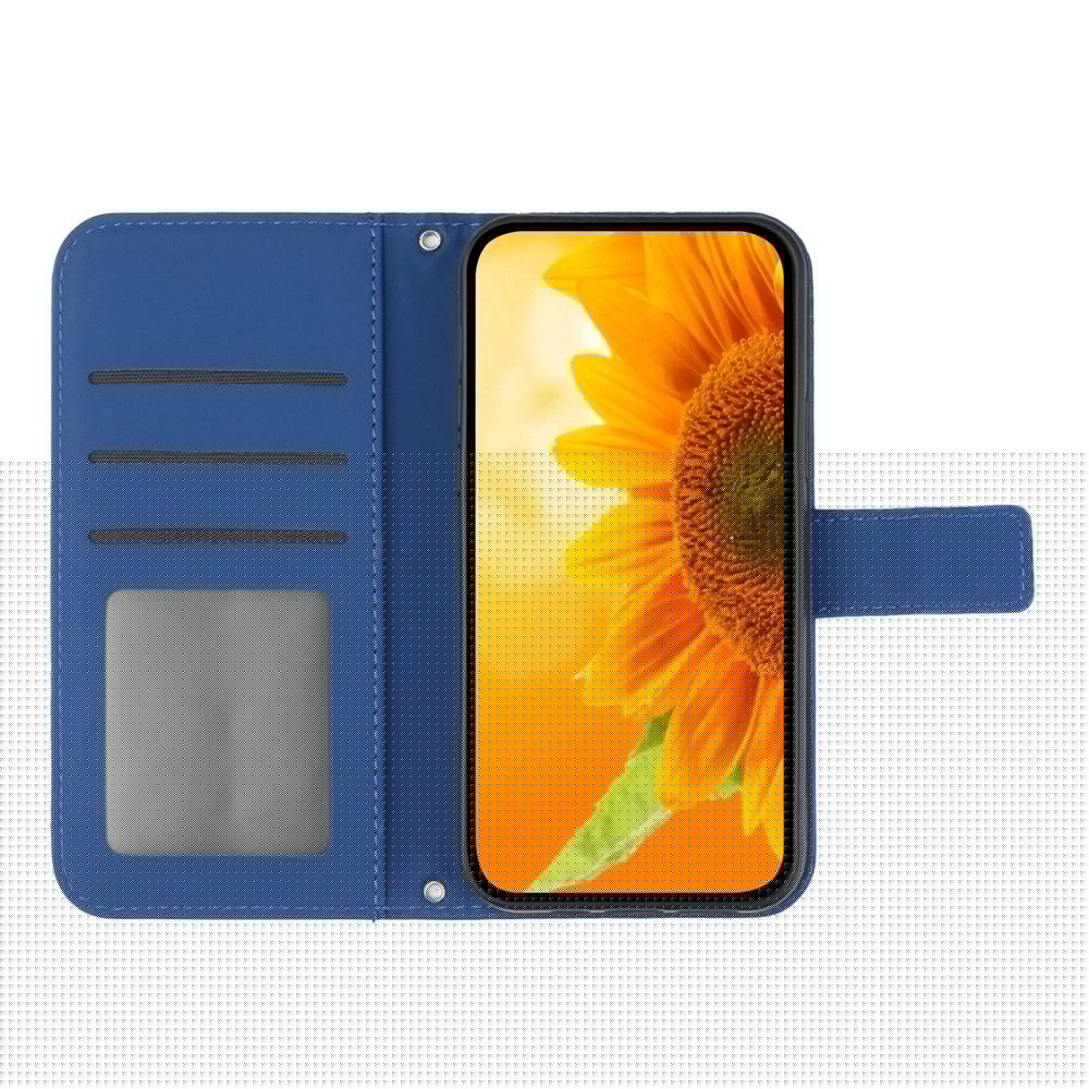 HT04 Imprinted Sunflower Phone Case For Samsung Galaxy M23 5G / F23 5G, PU Leather Wallet Stand Magnetic Clasp Skin-touch Anti-fall Phone Cover with Shoulder Strap - Sapphire