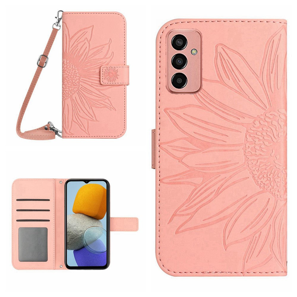 HT04 Imprinted Sunflower Phone Case For Samsung Galaxy M23 5G / F23 5G, PU Leather Wallet Stand Magnetic Clasp Skin-touch Anti-fall Phone Cover with Shoulder Strap - Light Pink