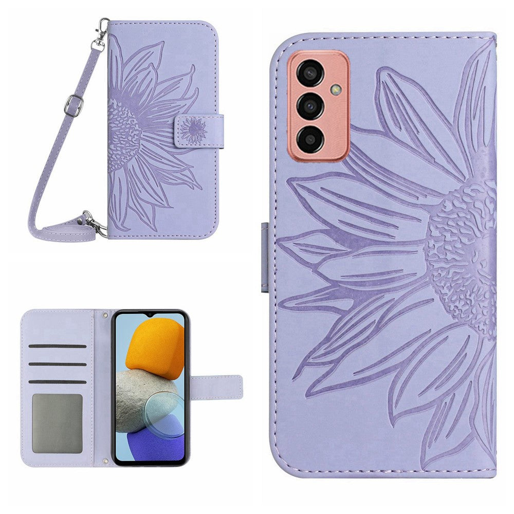 HT04 Imprinted Sunflower Phone Case For Samsung Galaxy M23 5G / F23 5G, PU Leather Wallet Stand Magnetic Clasp Skin-touch Anti-fall Phone Cover with Shoulder Strap - Light Purple