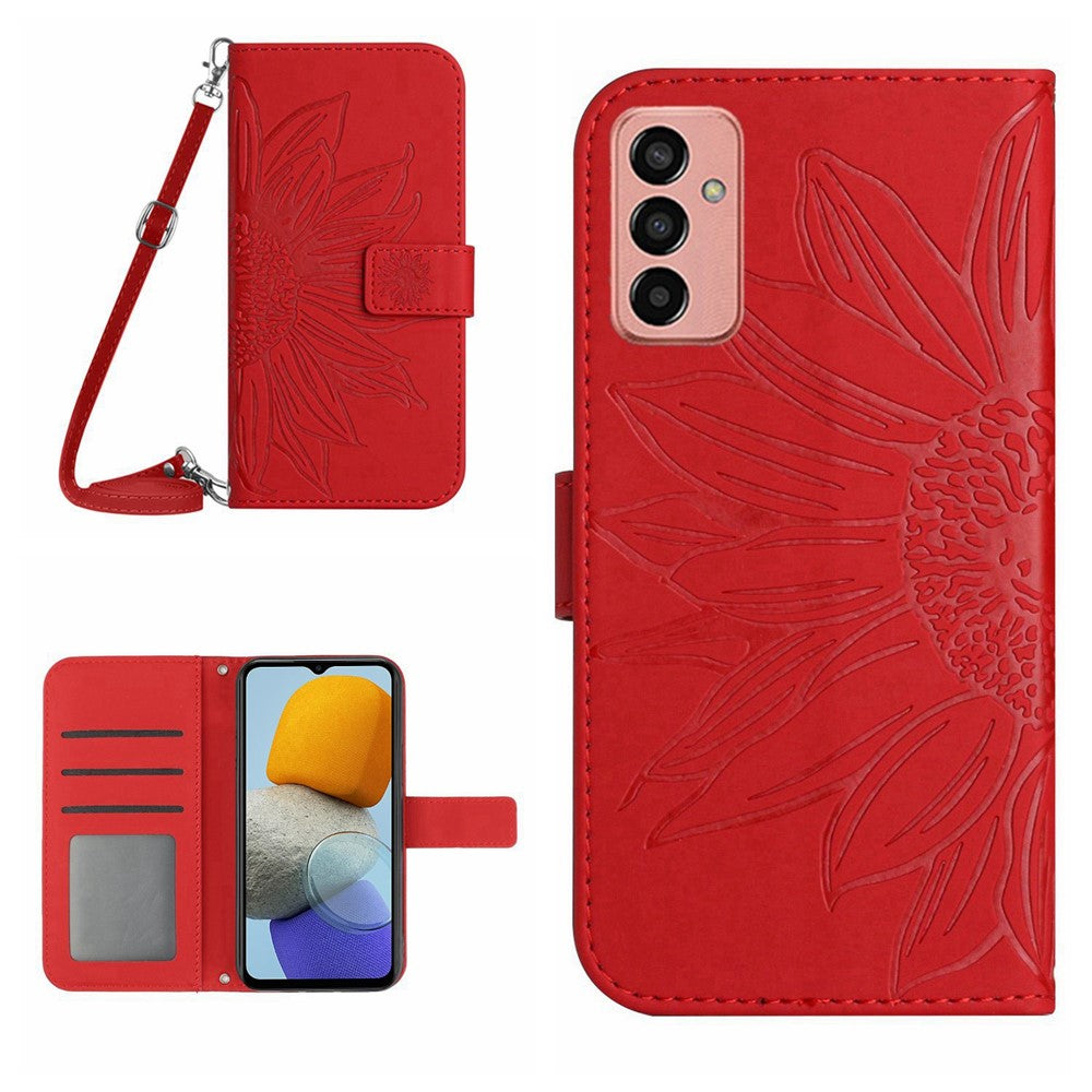 HT04 Imprinted Sunflower Phone Case For Samsung Galaxy M23 5G / F23 5G, PU Leather Wallet Stand Magnetic Clasp Skin-touch Anti-fall Phone Cover with Shoulder Strap - Red